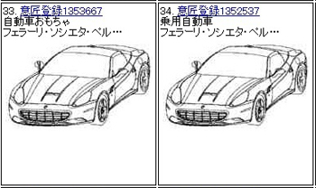 左側：『自動車』についての意匠権。　右側：『玩具』についての意匠権