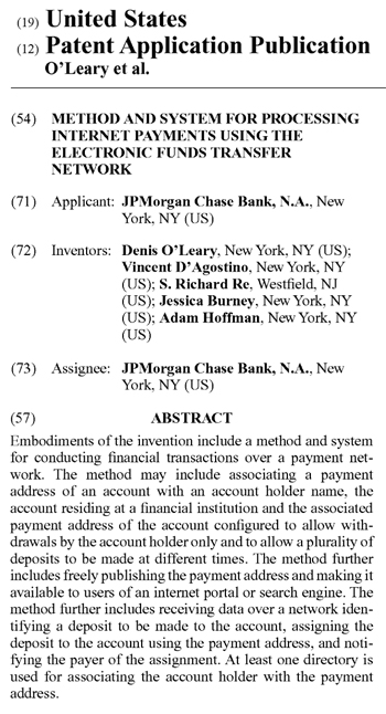 JPMorgan Chase Bankの米国特許申請